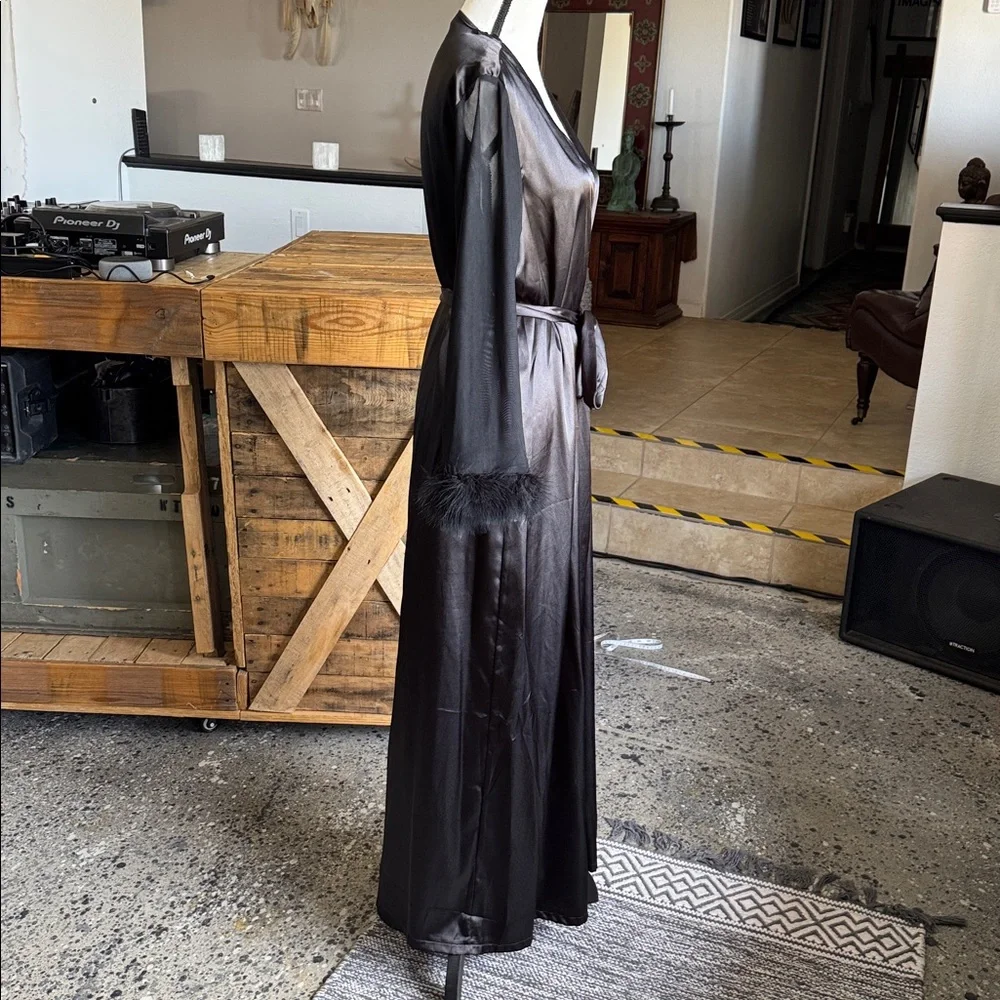 New Black Satin Robe with Ostrich Feather Cuffs Sheer Sleeves - Picture 4 of 6